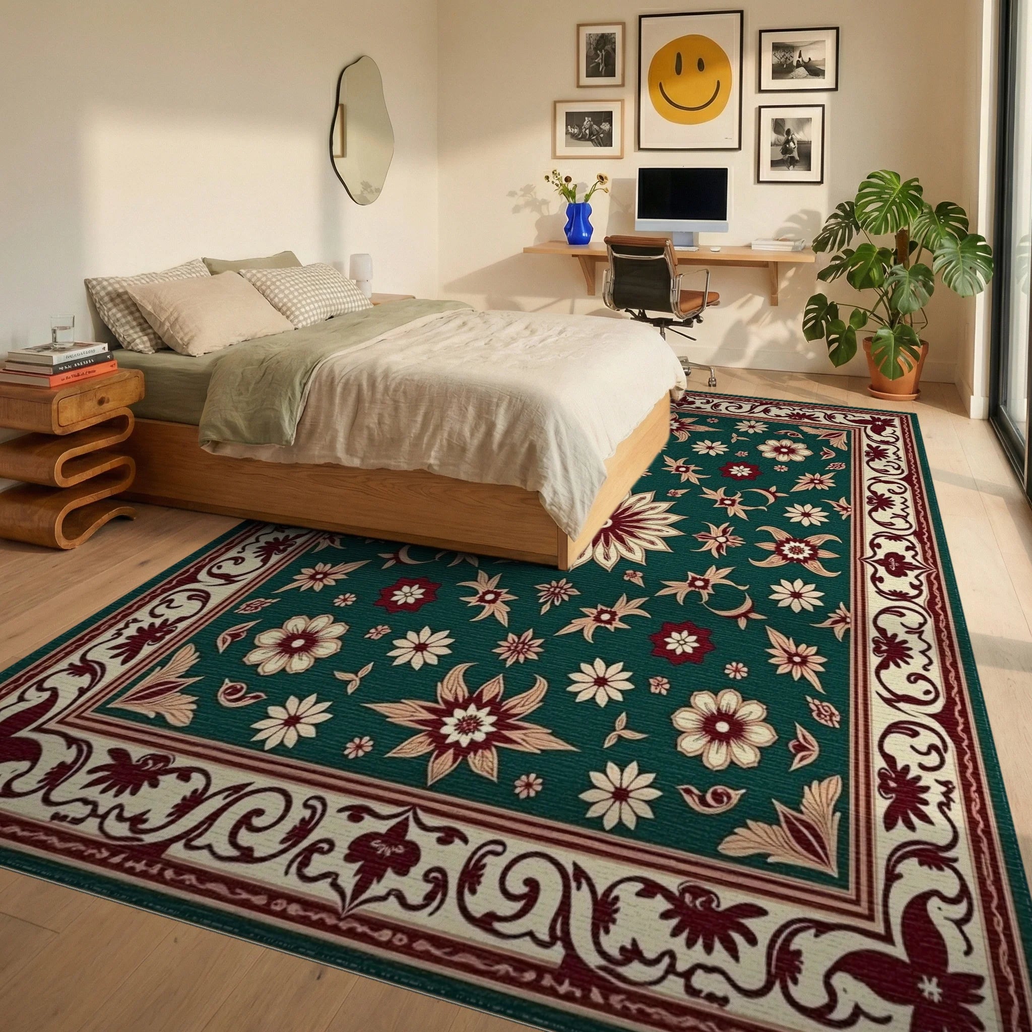 Deep Emerald Bloom Border Arrangement Rug Bedroom View