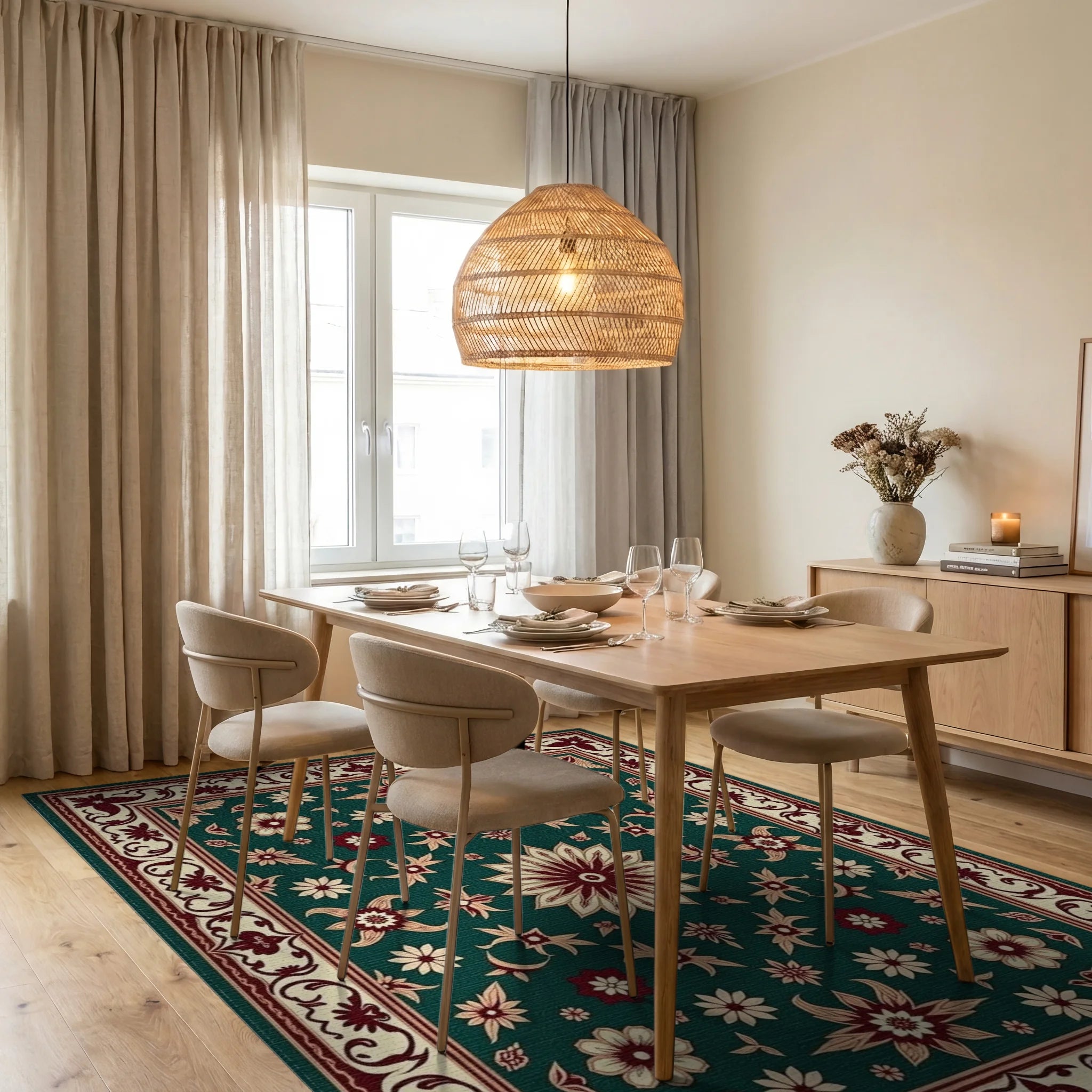 Deep Emerald Bloom Border Arrangement Rug Dining Room View