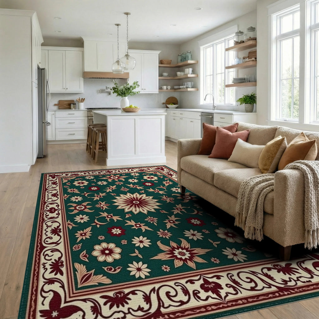 Deep Emerald Bloom Border Arrangement Rug Living Room View