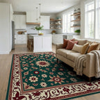 Deep Emerald Bloom Border Arrangement Rug Living Room View