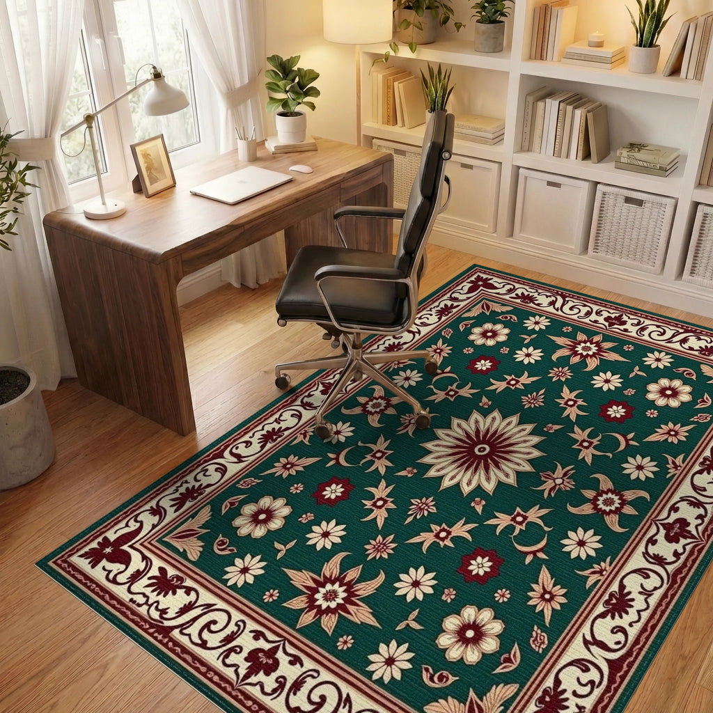 Deep Emerald Bloom Border Arrangement Rug Office View