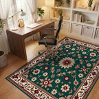 Deep Emerald Bloom Border Arrangement Rug Office View