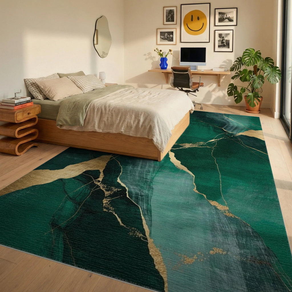 Deep Emerald Gold Vein Abstraction Rug - Bedroom View