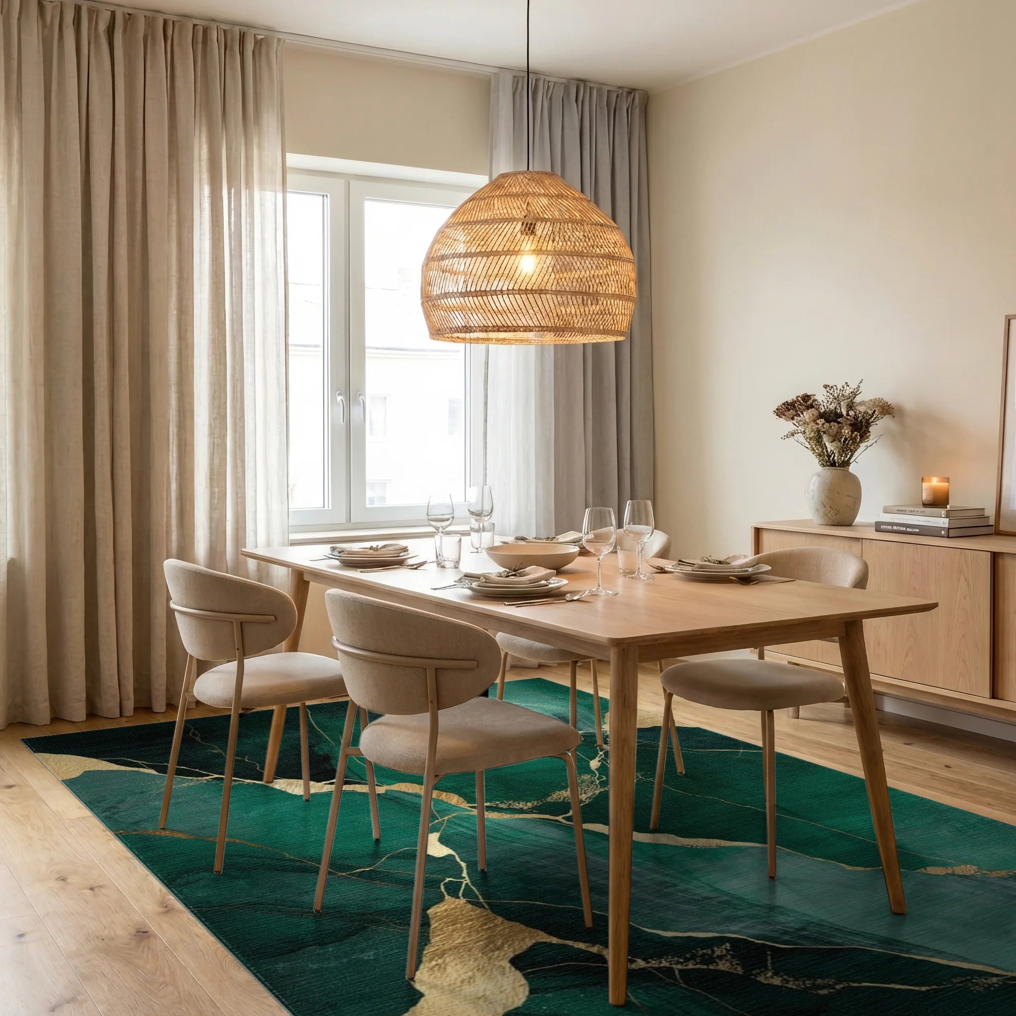 Deep Emerald Gold Vein Abstraction Rug - Dining Room View