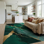 Deep Emerald Gold Vein Abstraction Rug - Living Room View