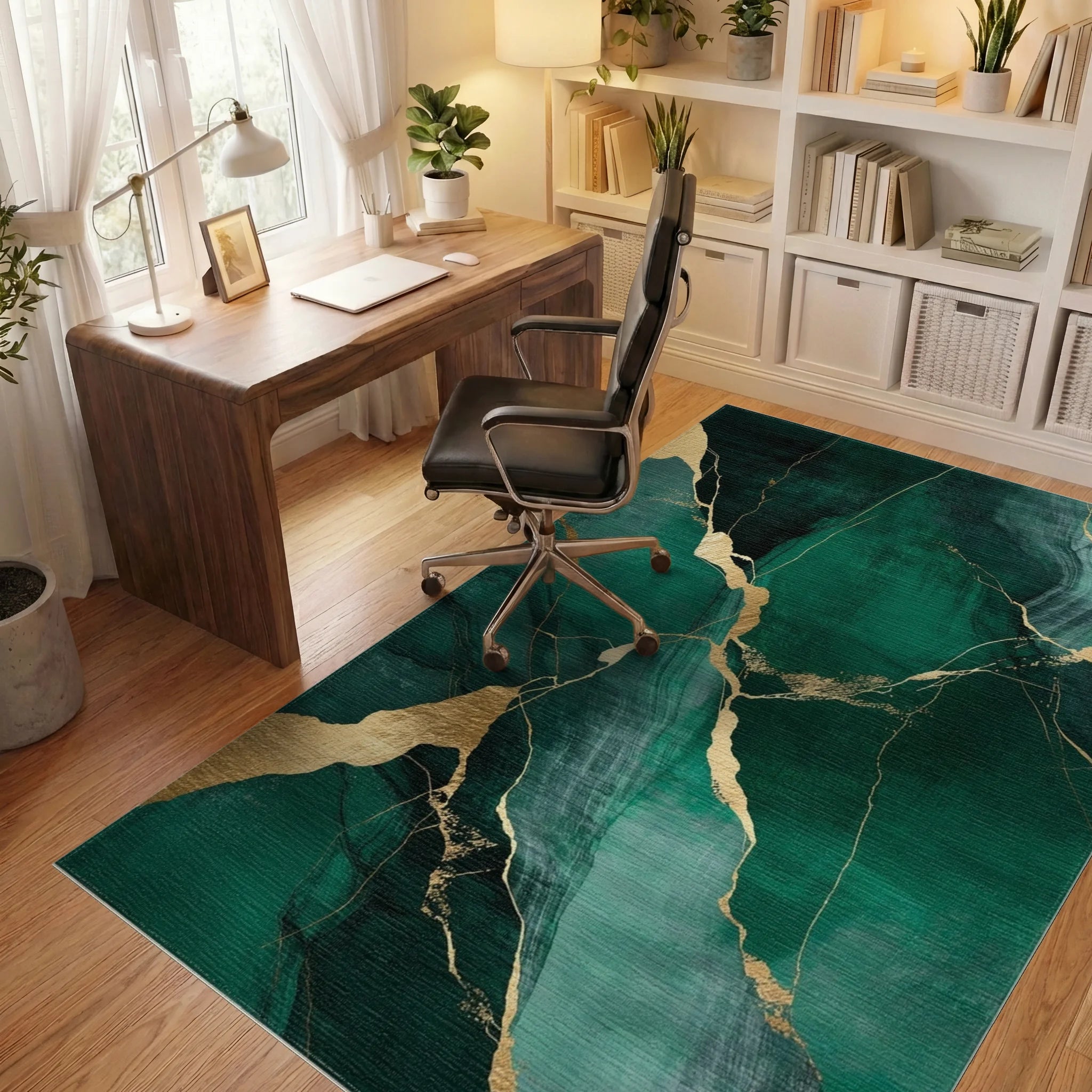 Deep Emerald Gold Vein Abstraction Rug - Office View