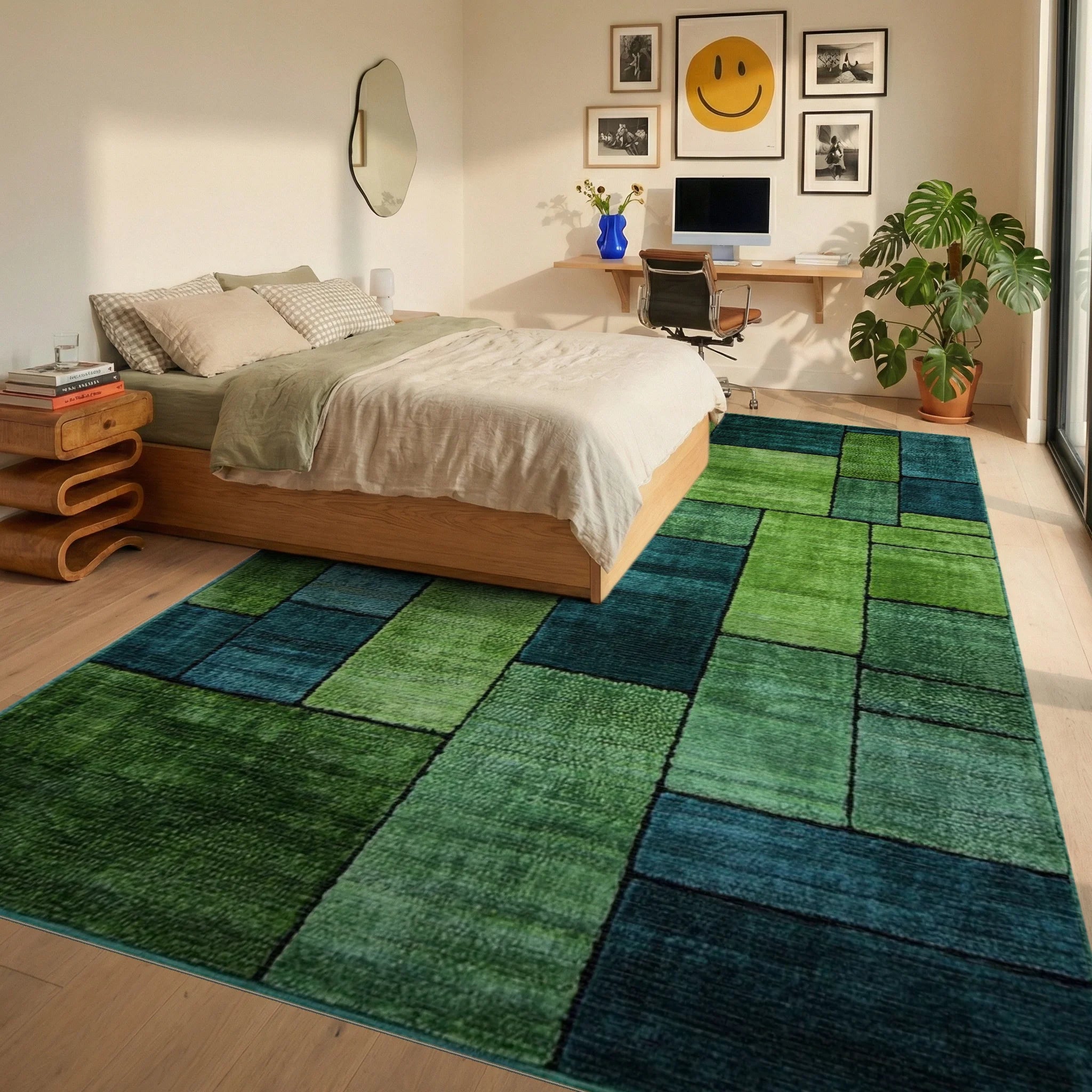 Deep Emerald Teal Rectangular Blocks Rug - Bedroom View
