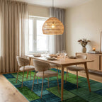 Deep Emerald Teal Rectangular Blocks Rug - Dining Room View