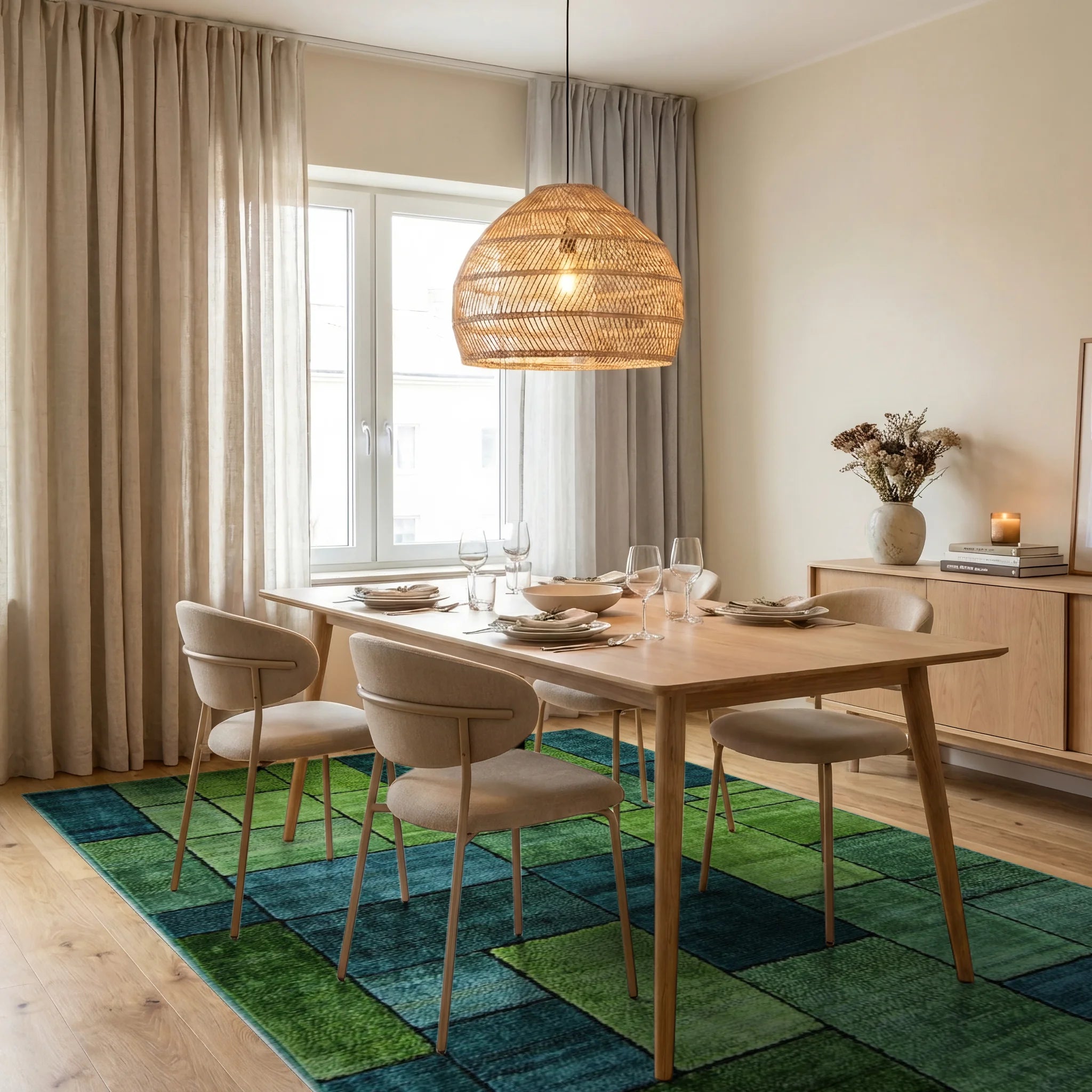 Deep Emerald Teal Rectangular Blocks Rug - Dining Room View