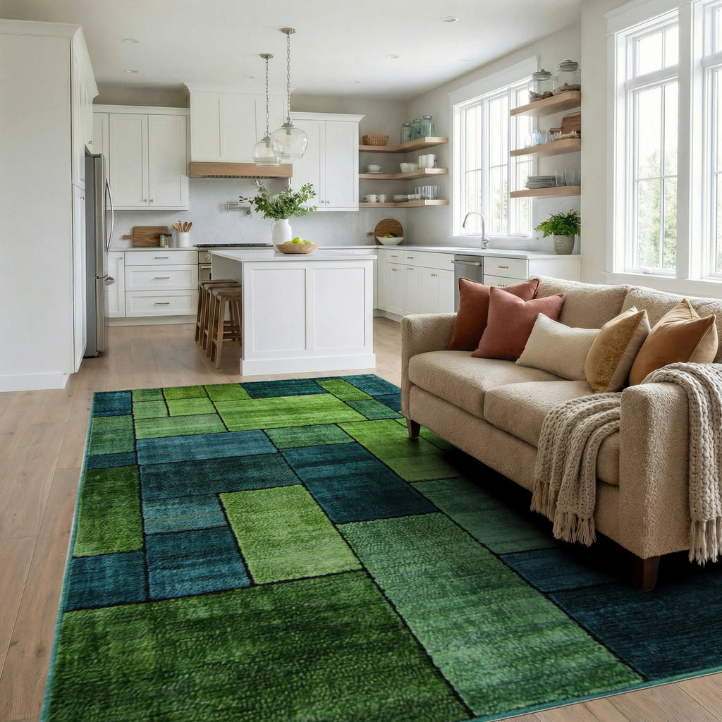 Deep Emerald Teal Rectangular Blocks Rug - Living Room View