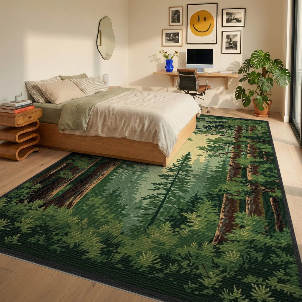 Deep Forest Evergreen Canopy Scene Rug - Bedroom View