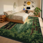 Deep Forest Evergreen Canopy Scene Rug - Bedroom View