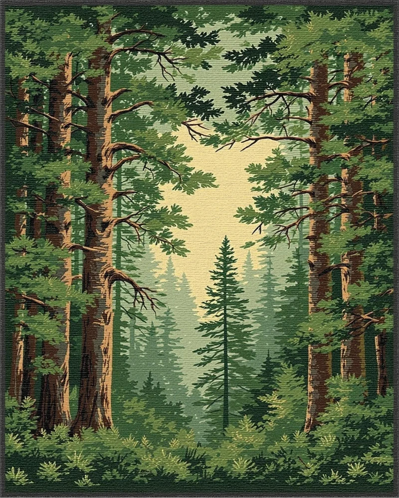 Deep Forest Evergreen Canopy Scene Rug - Cutout View