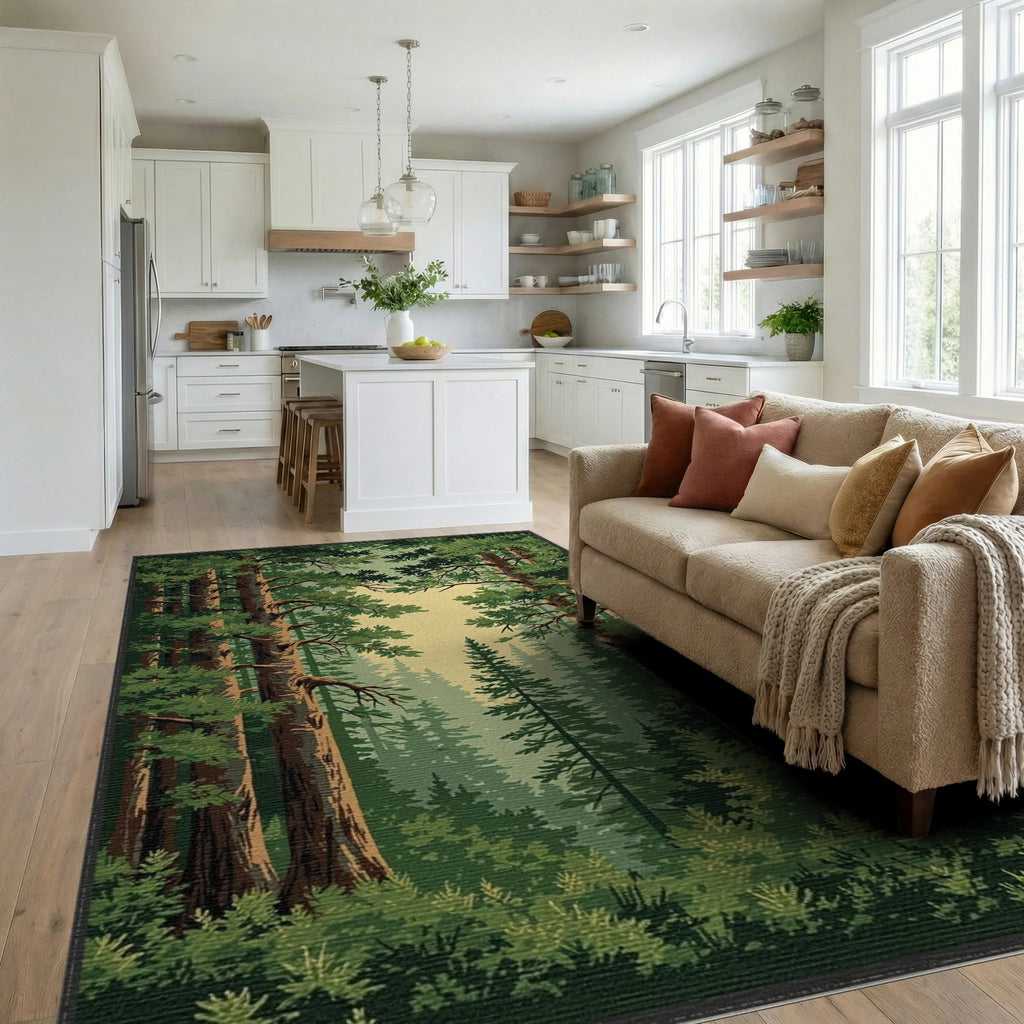 Deep Forest Evergreen Canopy Scene Rug - Living Room View
