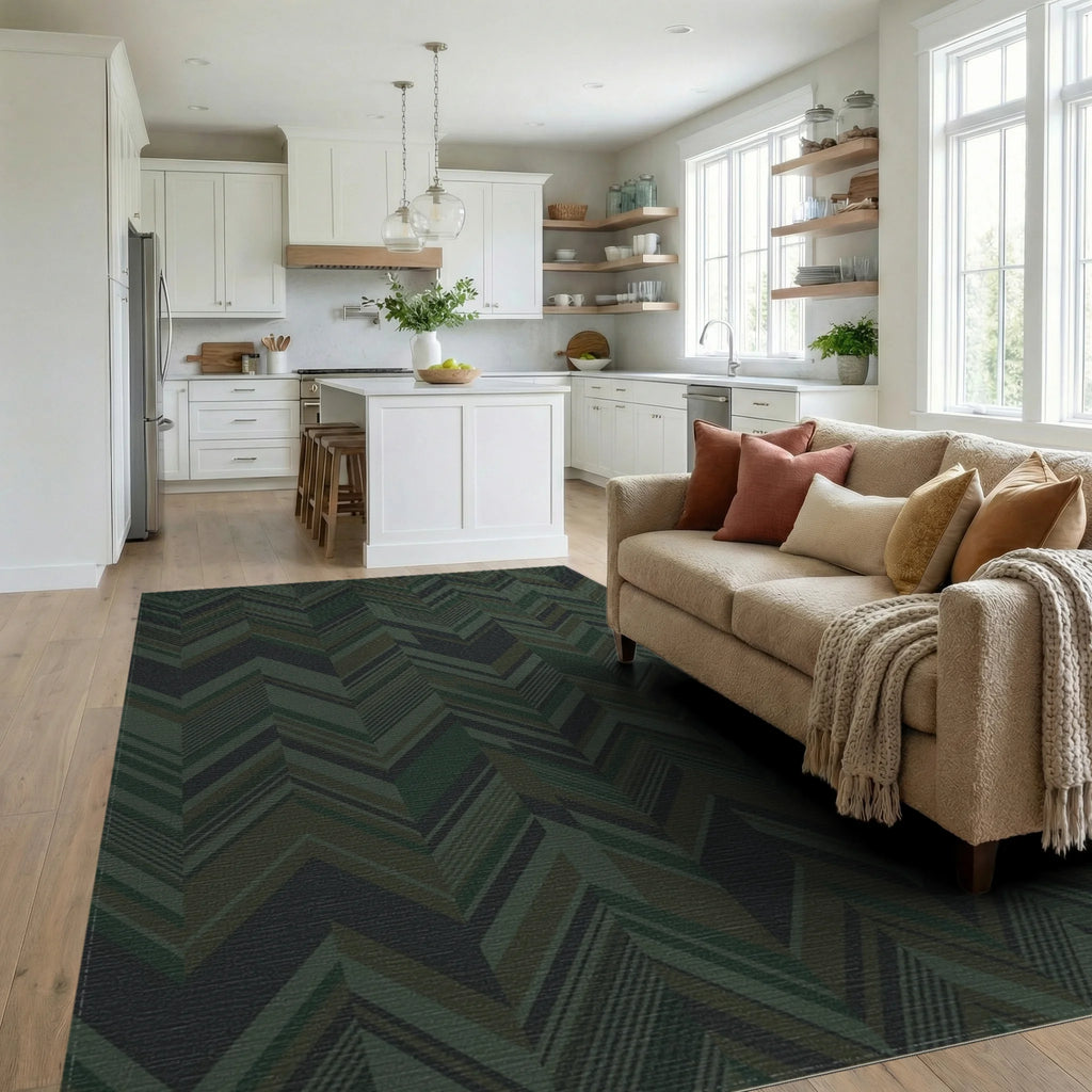 Deep Forest Green Chevron Stripes Rug Living Room View