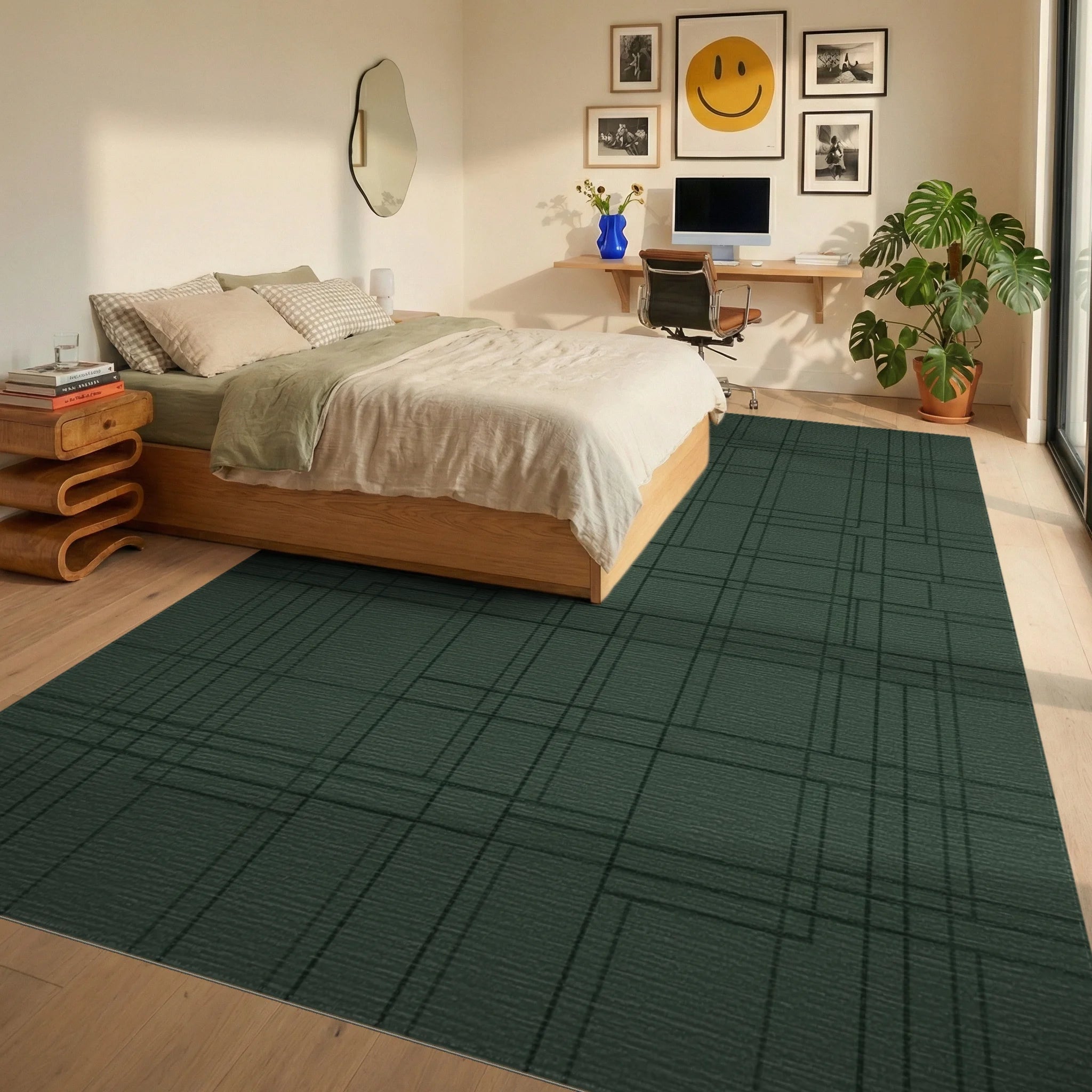 Deep Forest Green Geometric Lines Rug Bedroom View