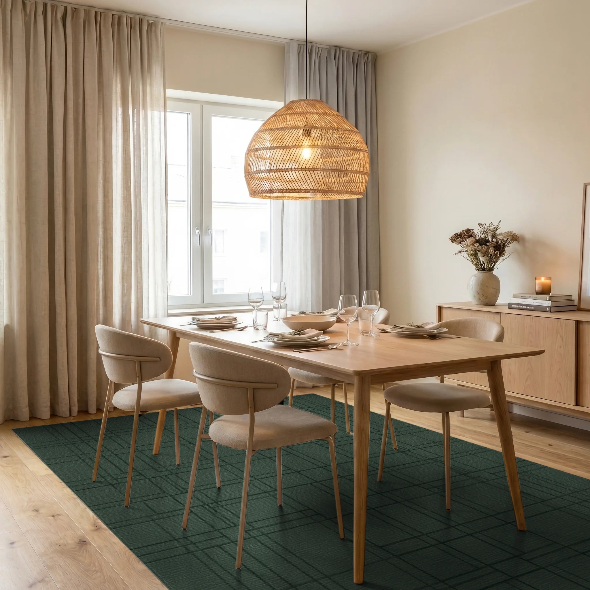 Deep Forest Green Geometric Lines Rug Dining Room View