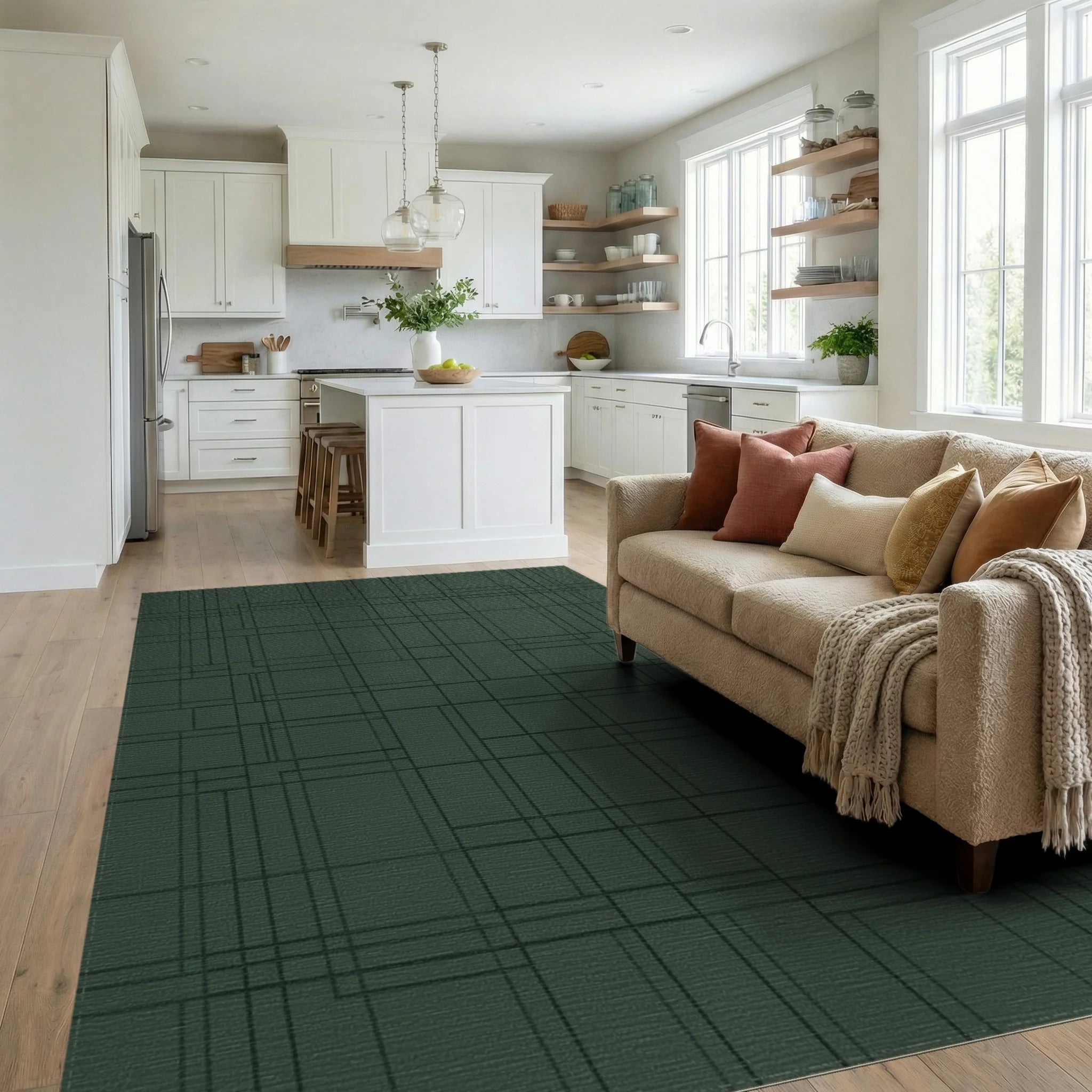 Deep Forest Green Geometric Lines Rug Living Room View