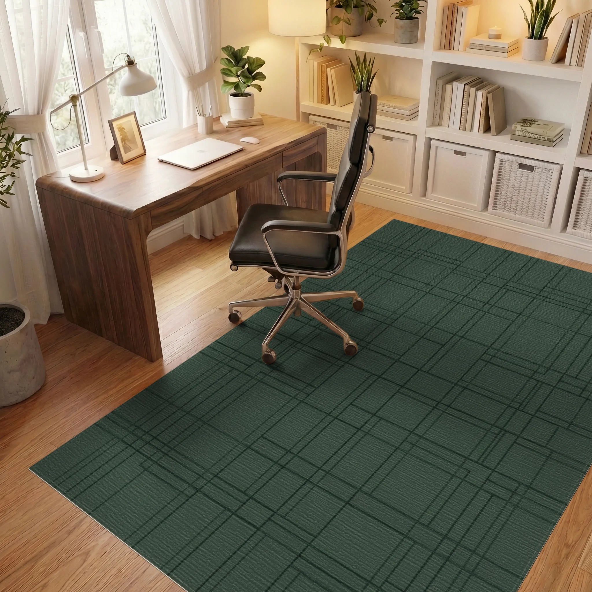 Deep Forest Green Geometric Lines Rug Office View