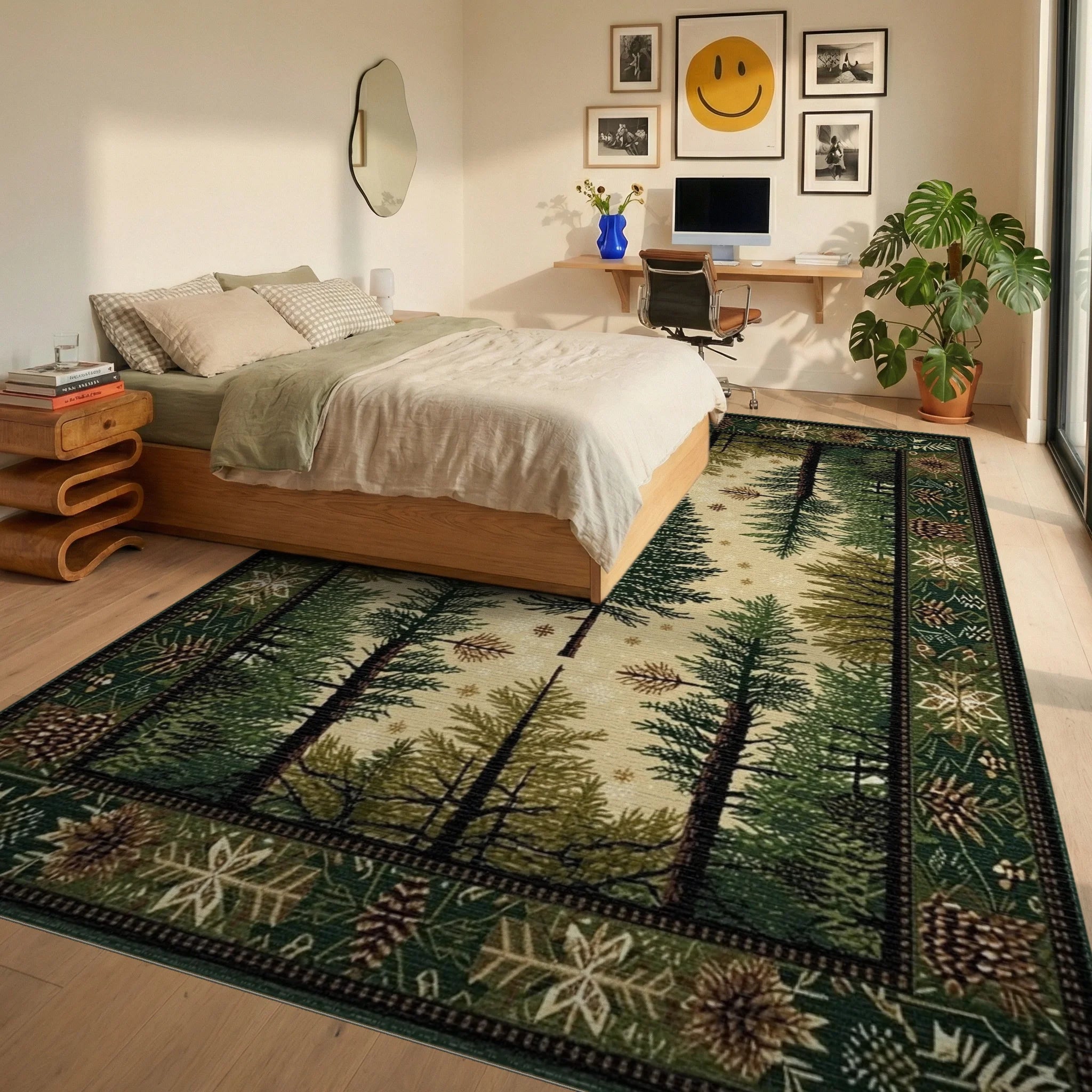 Deep Forest Pine Tree Snowscape Rug - Bedroom View