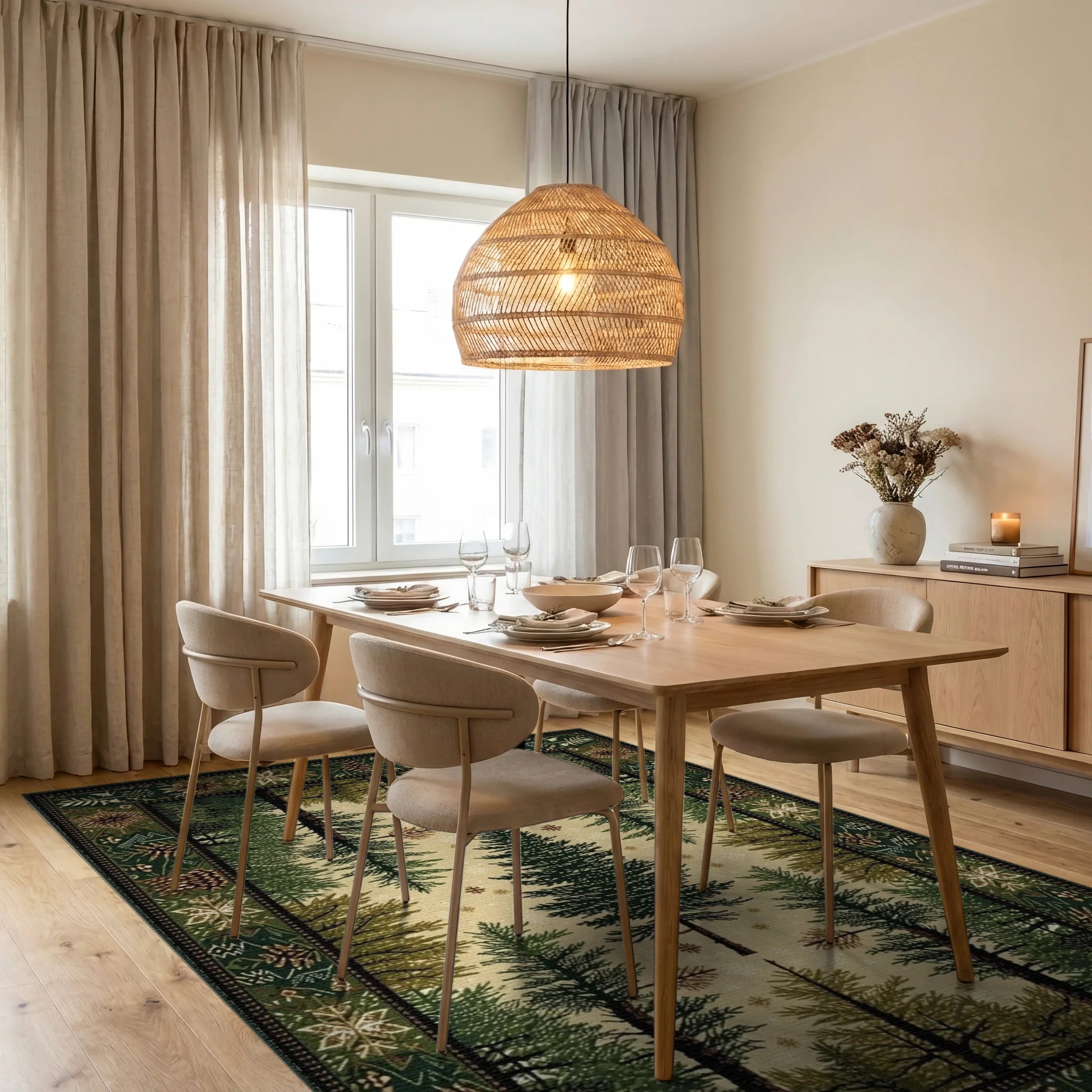 Deep Forest Pine Tree Snowscape Rug - Dining Room View