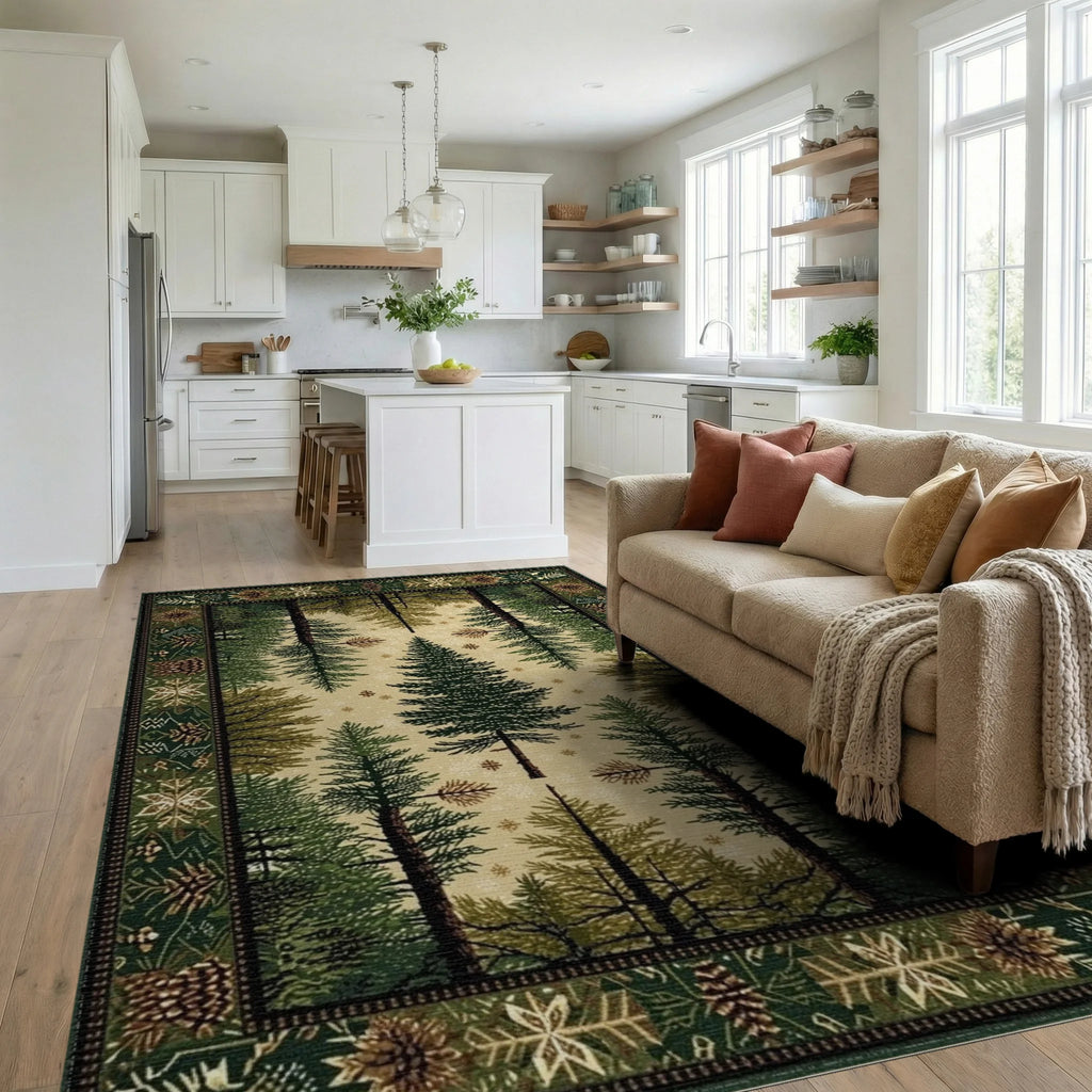 Deep Forest Pine Tree Snowscape Rug - Living Room View