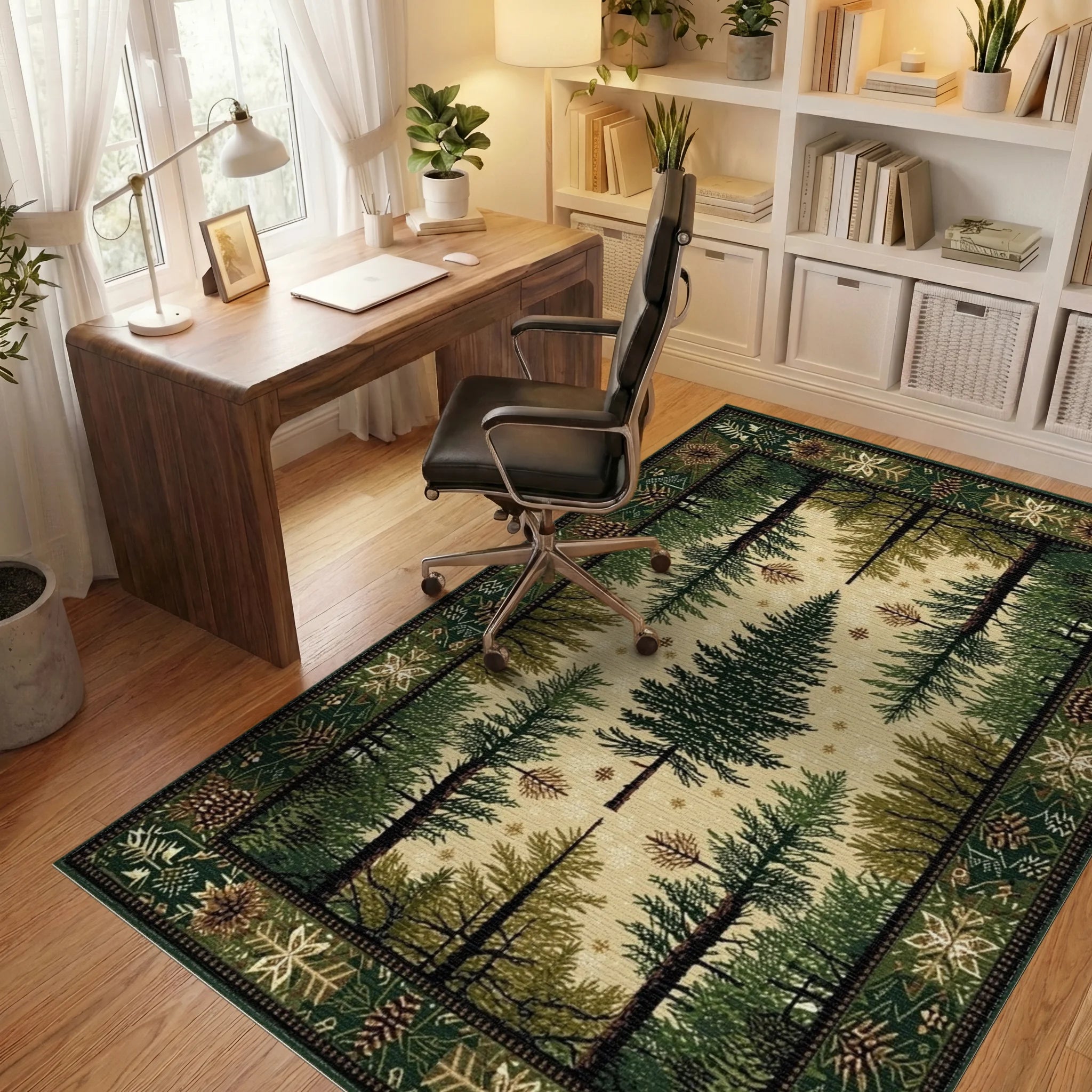Deep Forest Pine Tree Snowscape Rug - Office View