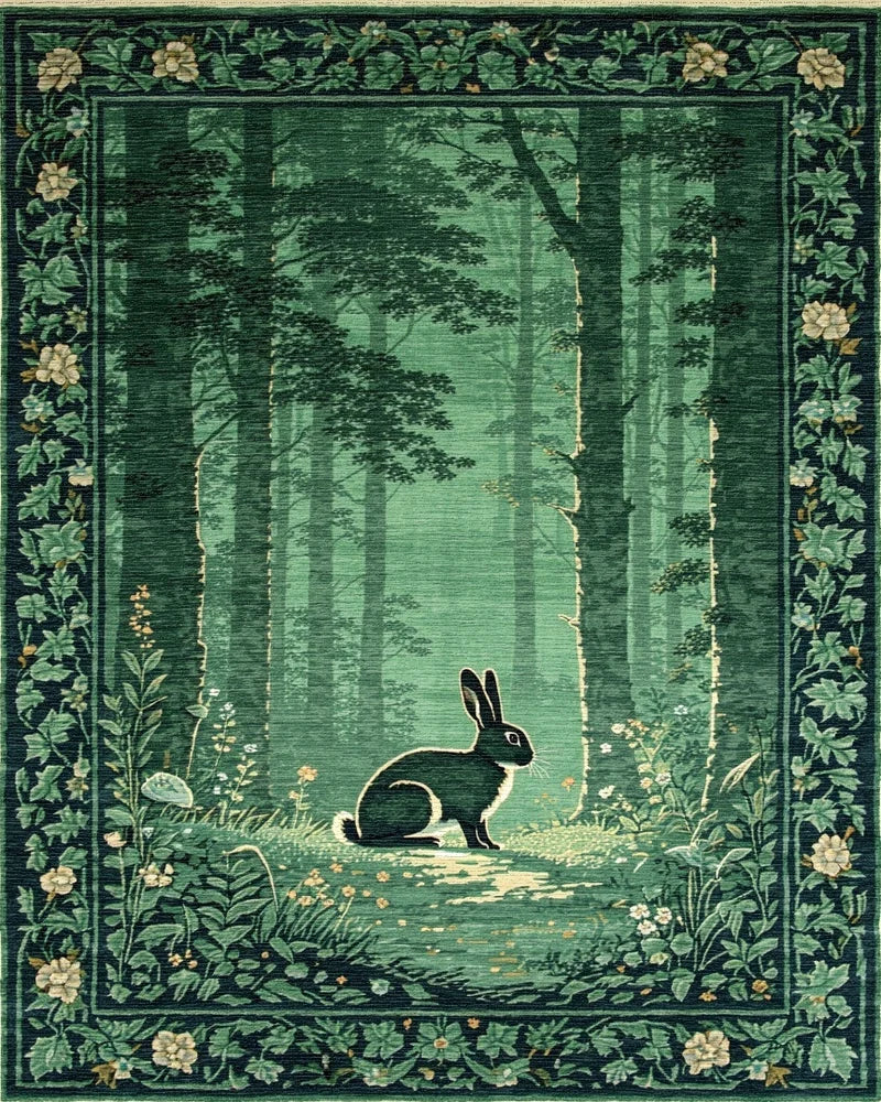 Deep Forest Scene Rabbit Floral Border Rug - Cutout View