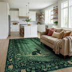 Deep Forest Scene Rabbit Floral Border Rug - Living Room View