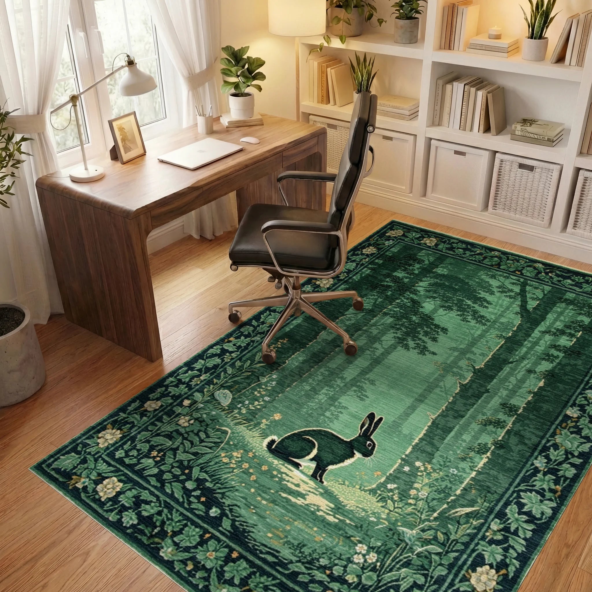 Deep Forest Scene Rabbit Floral Border Rug - Office View