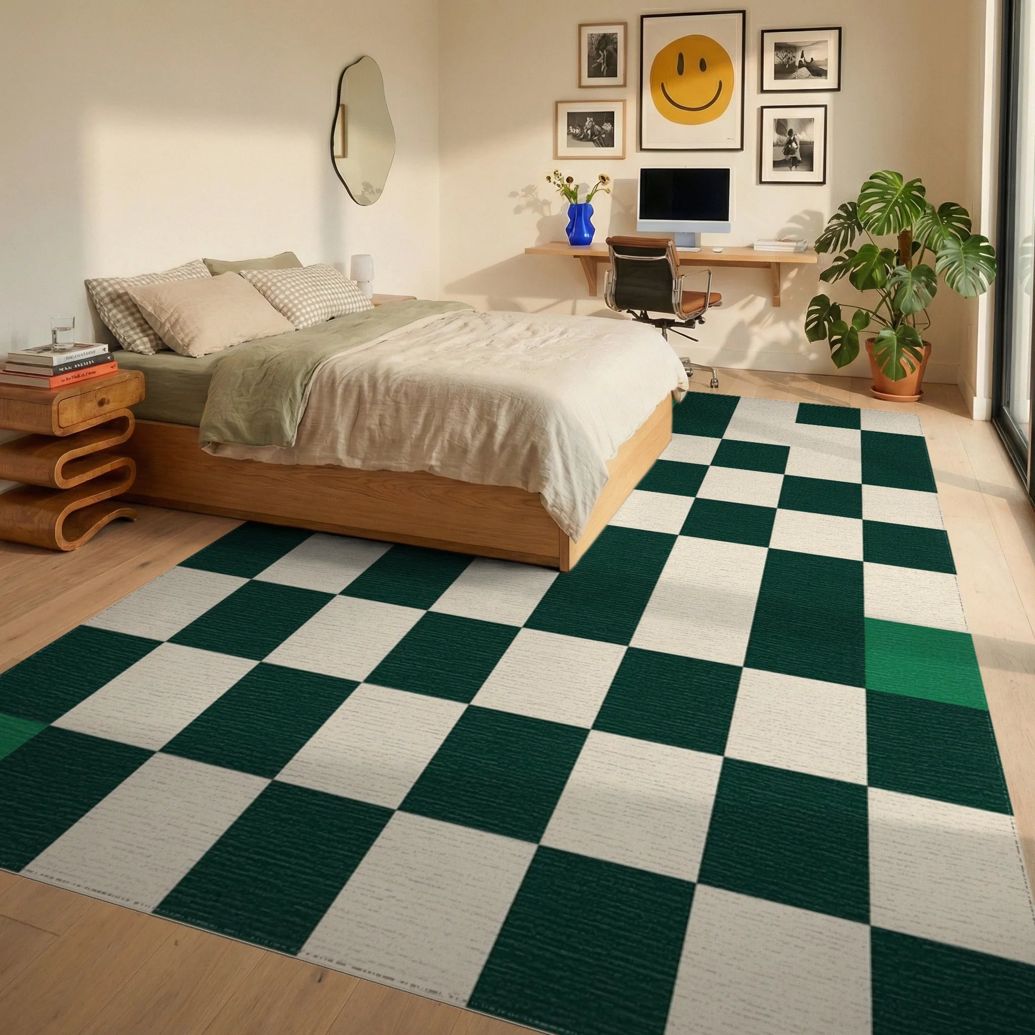 Deep Green Checkerboard Squares Rug Bedroom View