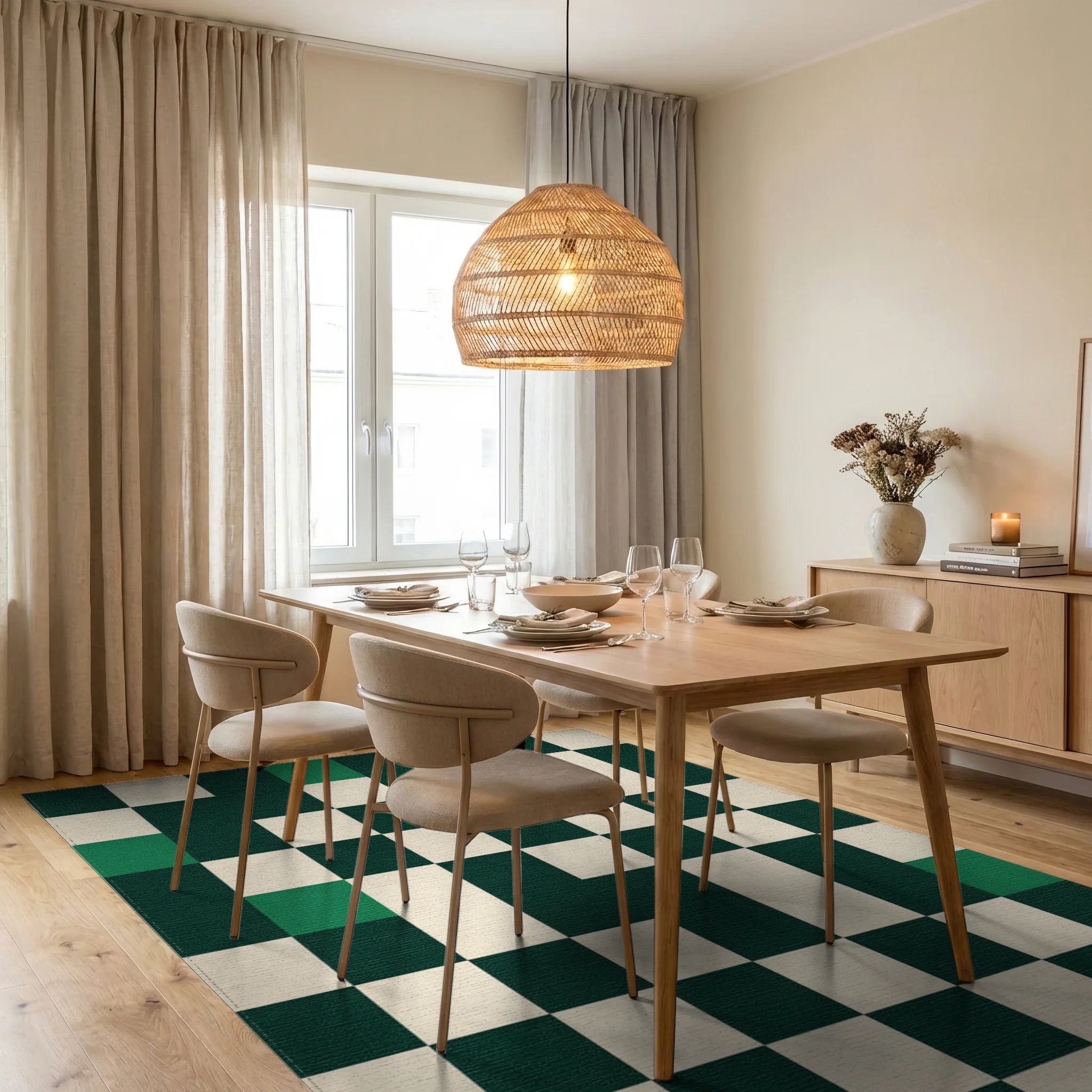 Deep Green Checkerboard Squares Rug Dining Room View