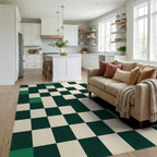 Deep Green Checkerboard Squares Rug Living Room View