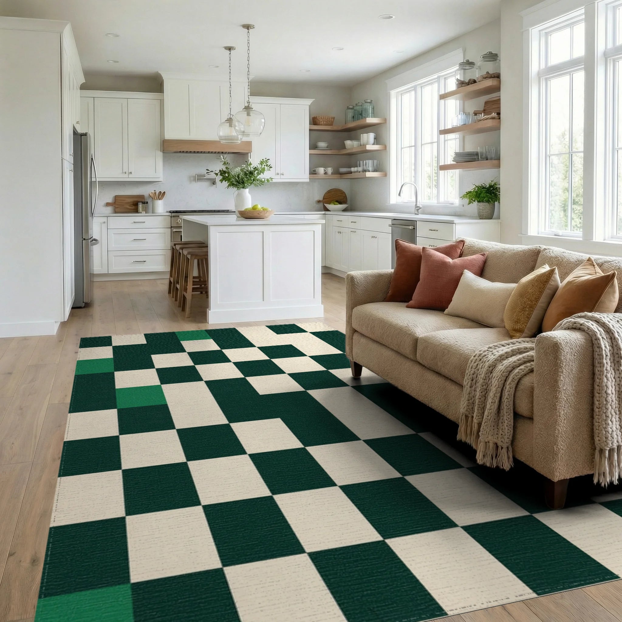 Deep Green Checkerboard Squares Rug Living Room View