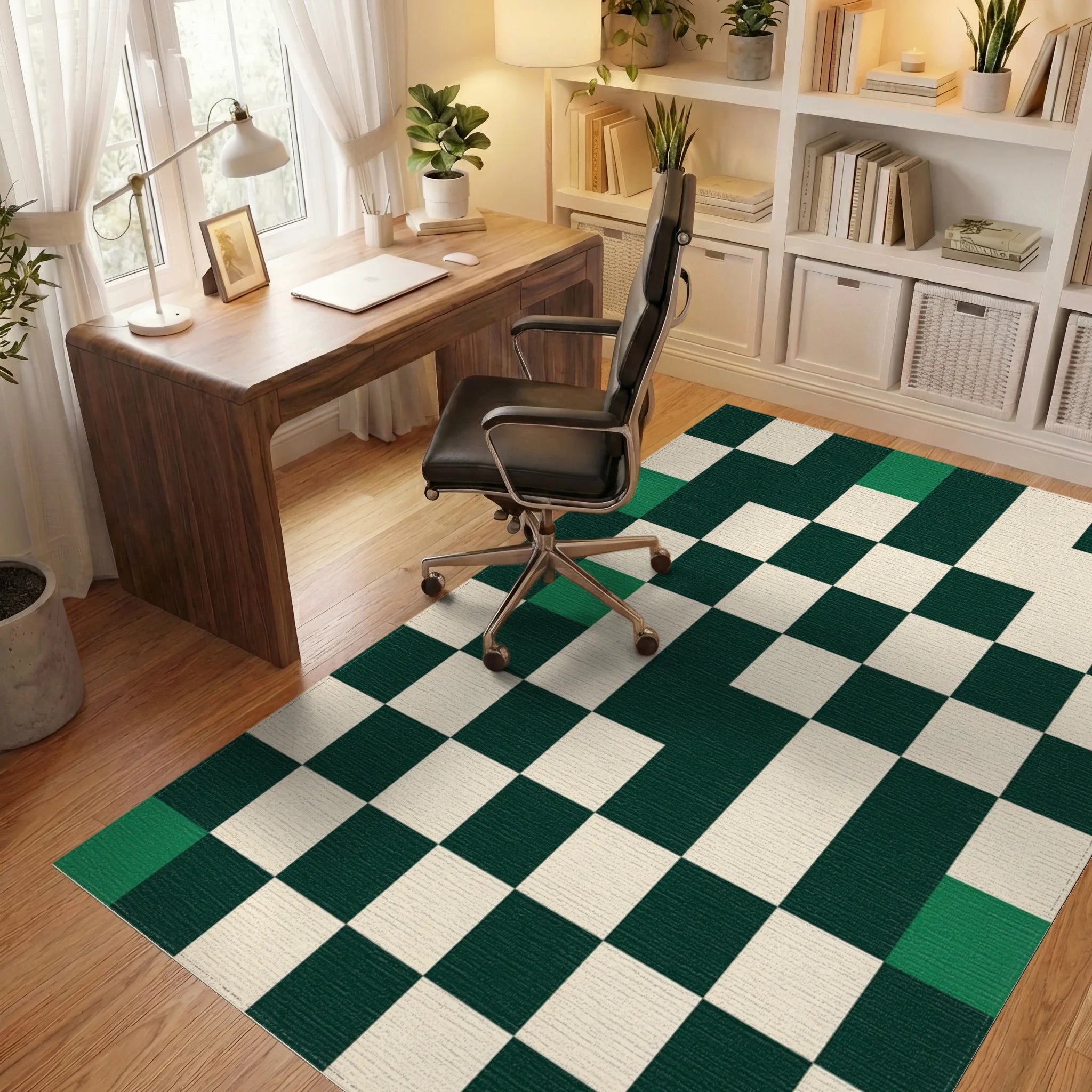 Deep Green Checkerboard Squares Rug Office View