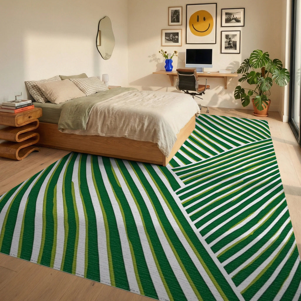 Deep Green White Wavy Stripe Rug Bedroom View