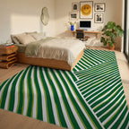 Deep Green White Wavy Stripe Rug Bedroom View