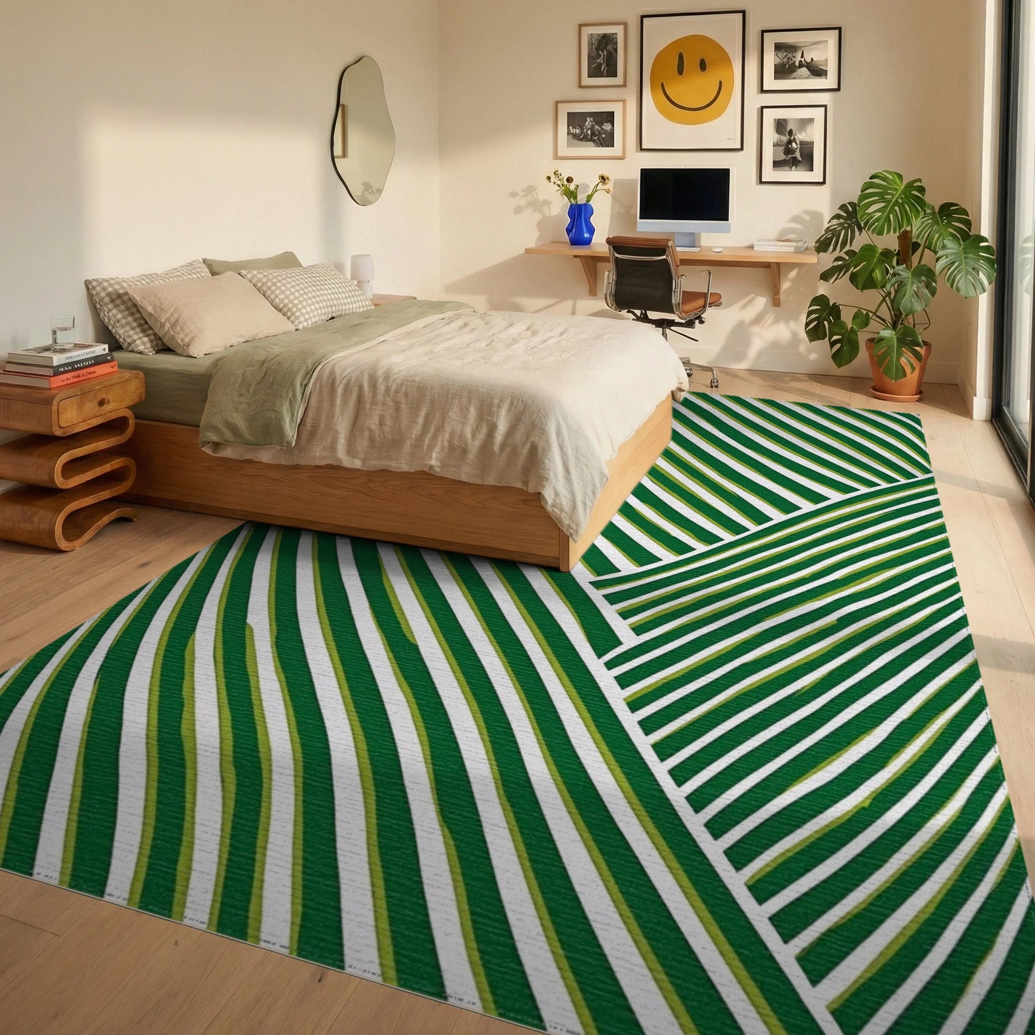 Deep Green White Wavy Stripe Rug Bedroom View