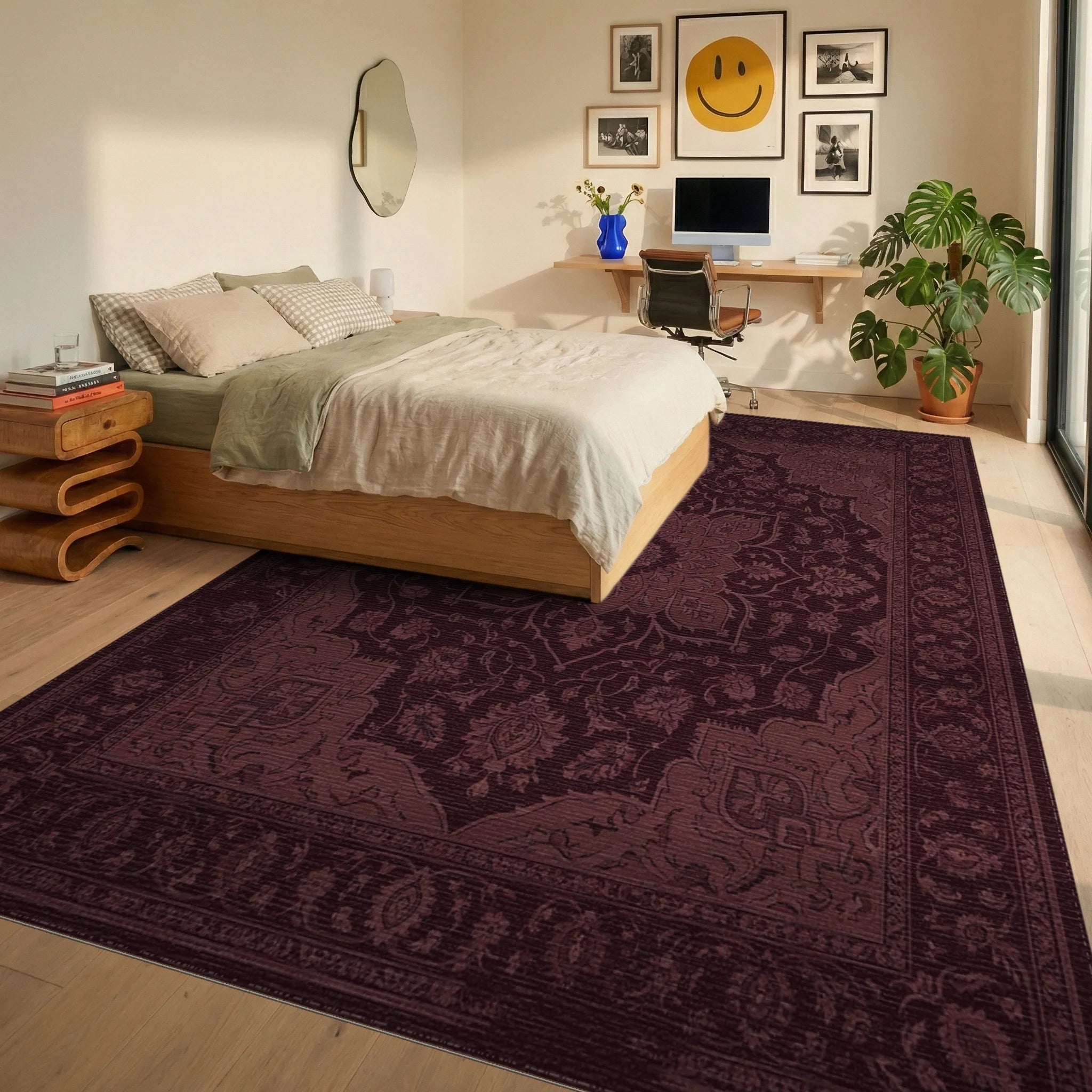 Deep Maroon Floral Medallion Center Rug Bedroom View