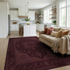 Deep Maroon Floral Medallion Center Rug Living Room View