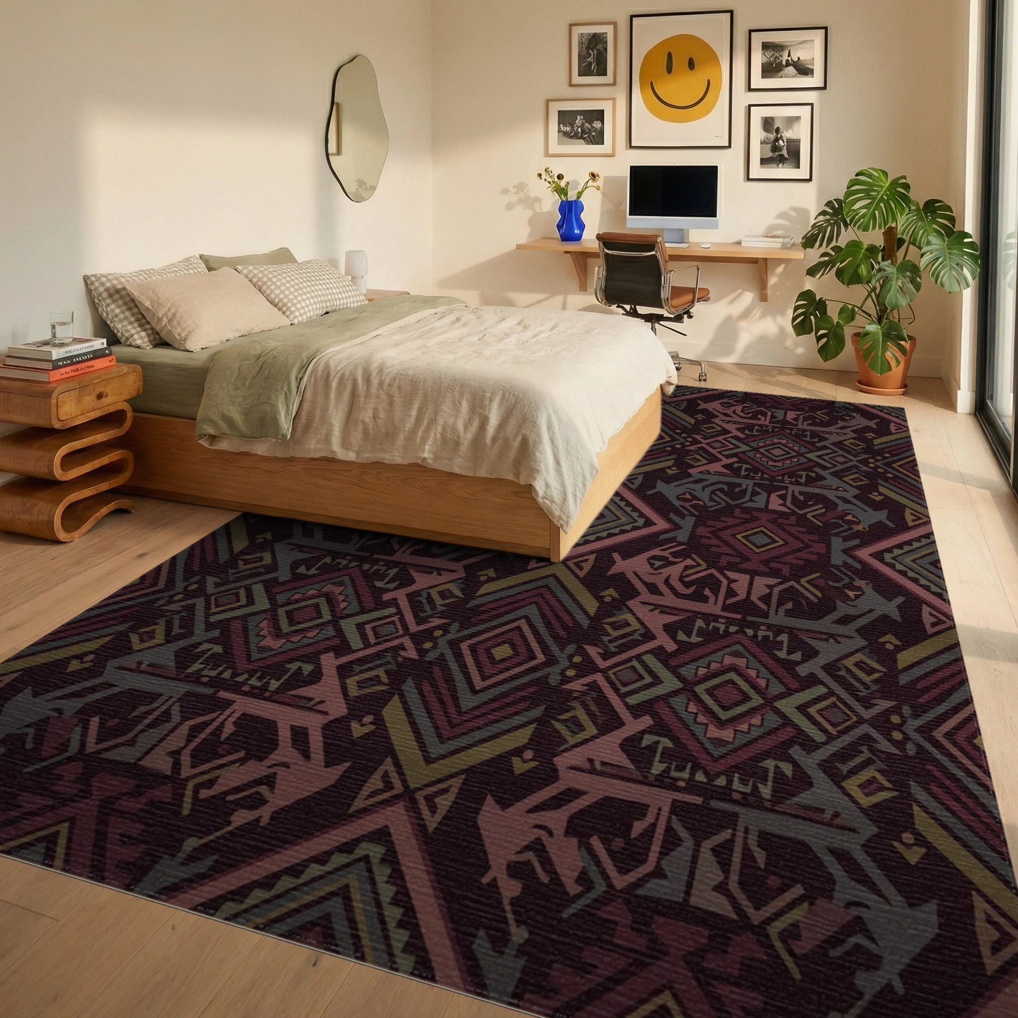 Deep Maroon Geometric Tribal Diamond Rug Bedroom View