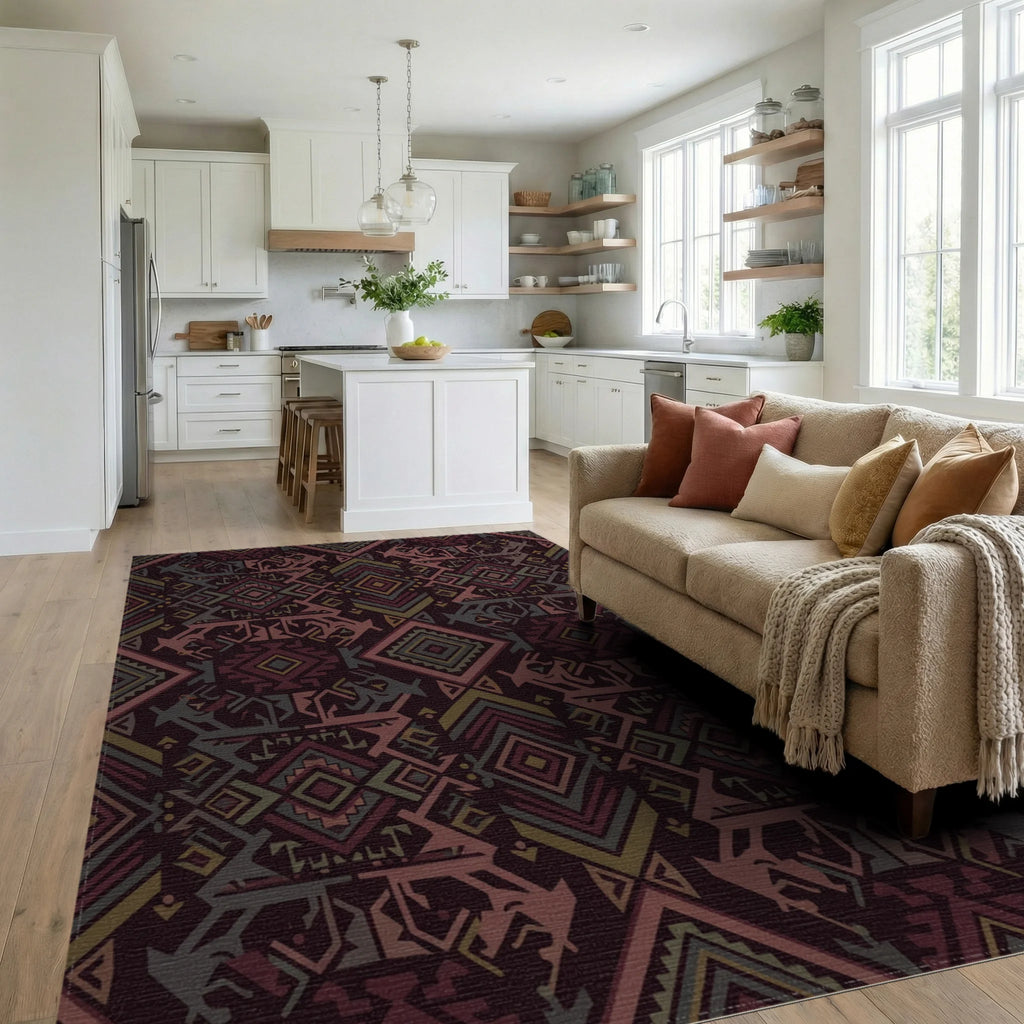 Deep Maroon Geometric Tribal Diamond Rug Living Room View