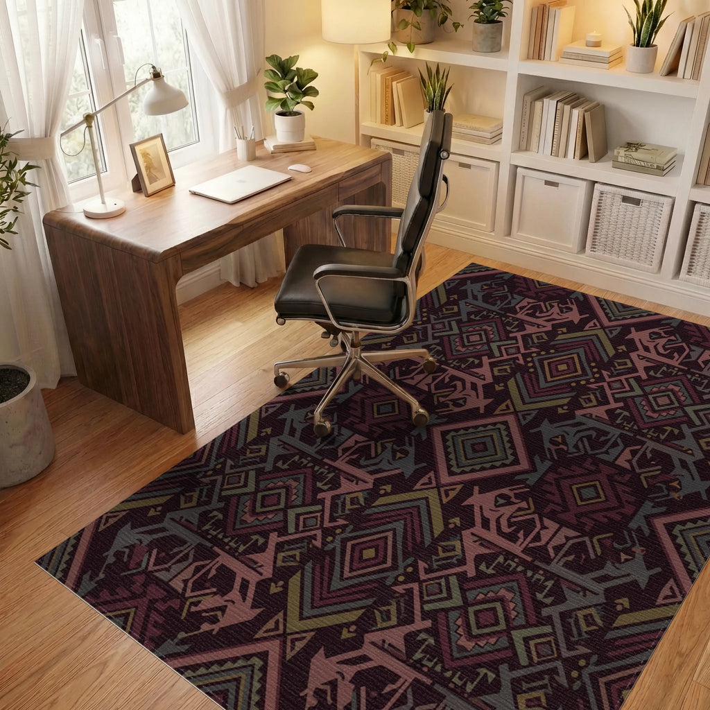 Deep Maroon Geometric Tribal Diamond Rug Office View