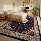 Deep Navy Orange Star Medallion Border Rug - Bedroom View