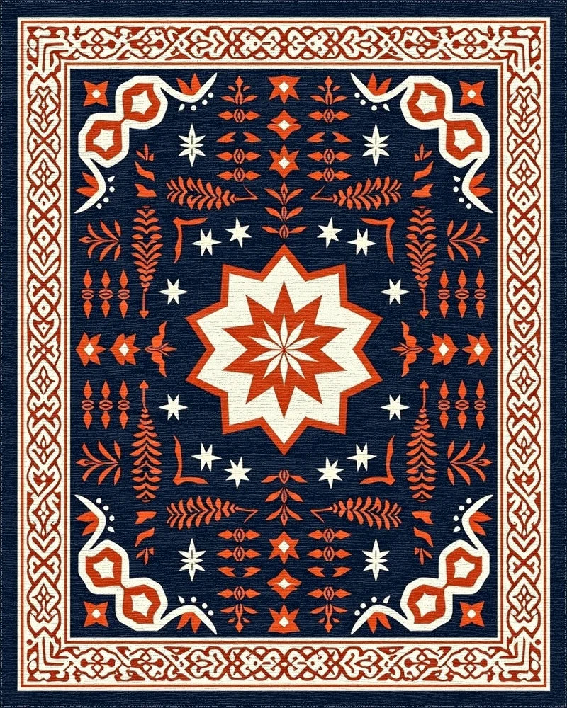 Deep Navy Orange Star Medallion Border Rug - Cutout View