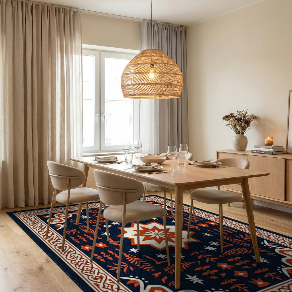 Deep Navy Orange Star Medallion Border Rug - Dining Room View