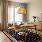Deep Navy Orange Star Medallion Border Rug - Dining Room View