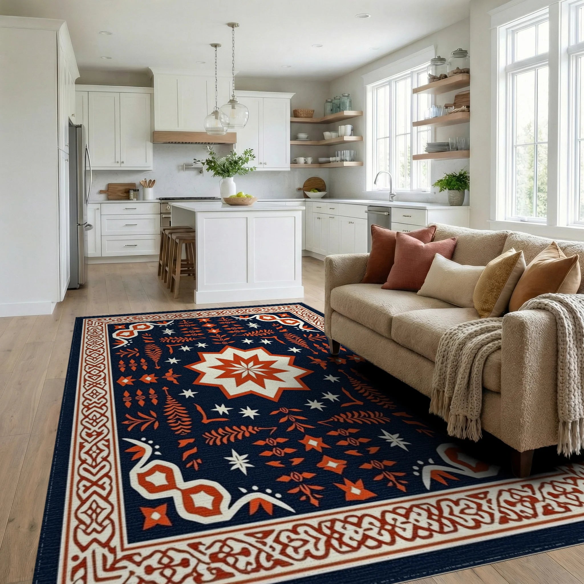 Deep Navy Orange Star Medallion Border Rug - Living Room View