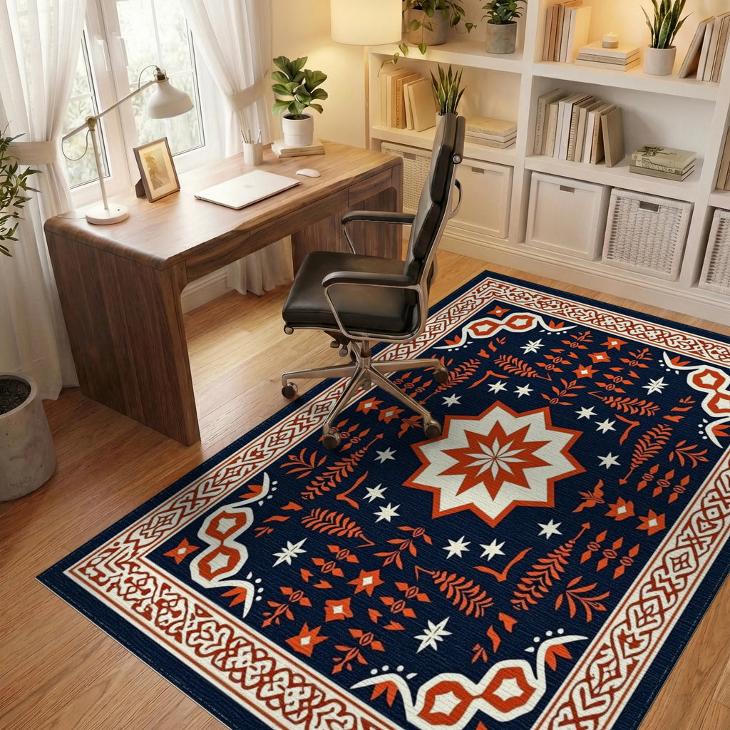Deep Navy Orange Star Medallion Border Rug - Office View
