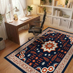 Deep Navy Orange Star Medallion Border Rug - Office View